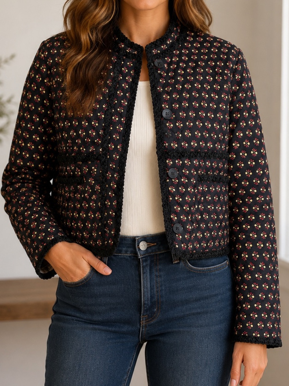 7 For All Mankind Floral Quilted Cropped Jacket Velvet Trim NWT Medium